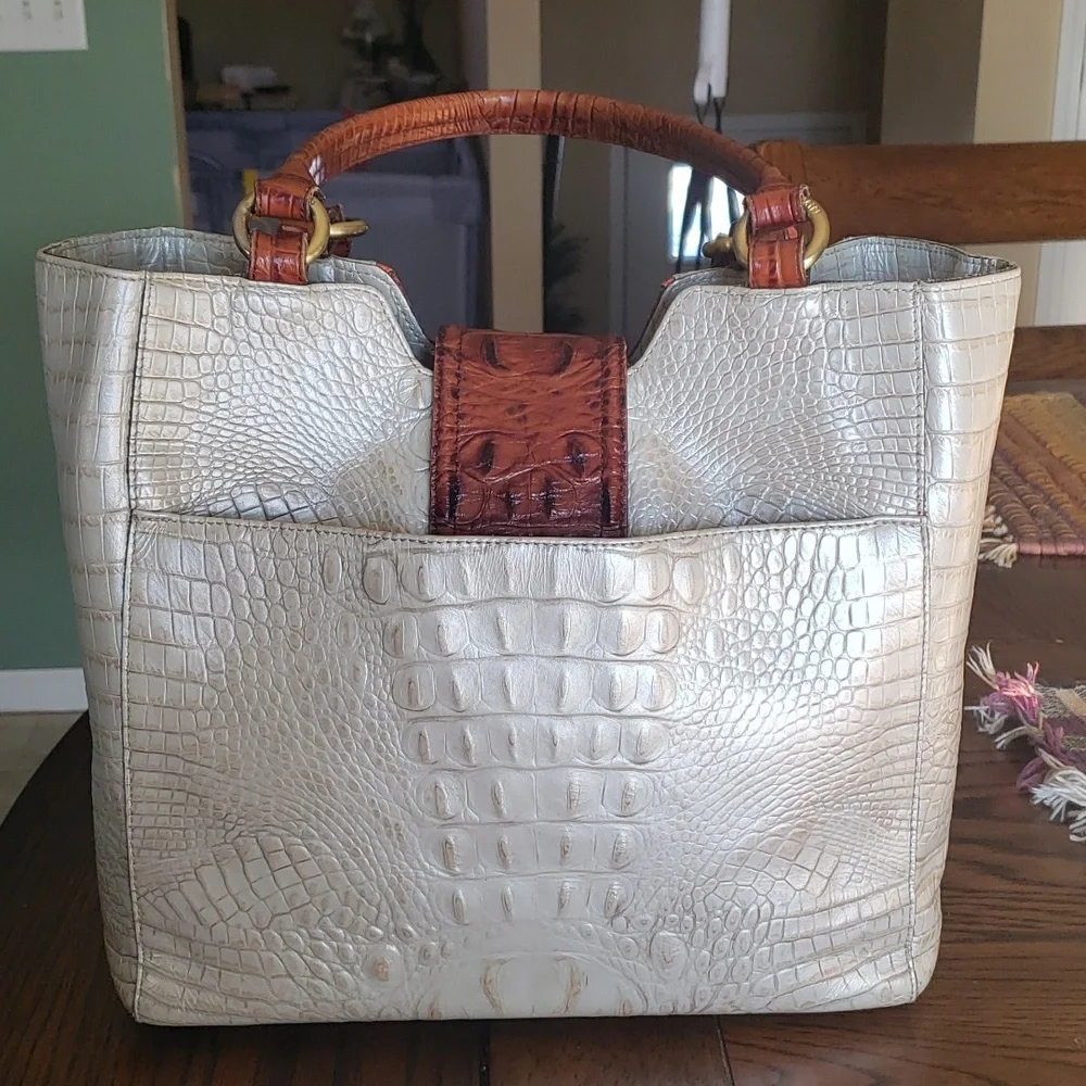 Brahmin Cream Tote with Brown Croc-Embossed Trim